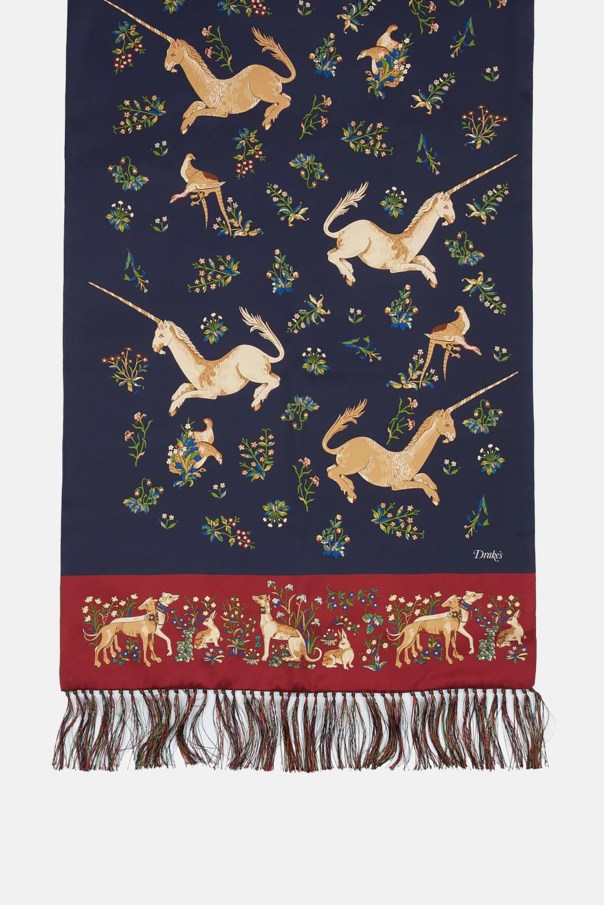 Navy Unicorn Print Tubular Silk Tasselled Scarf
