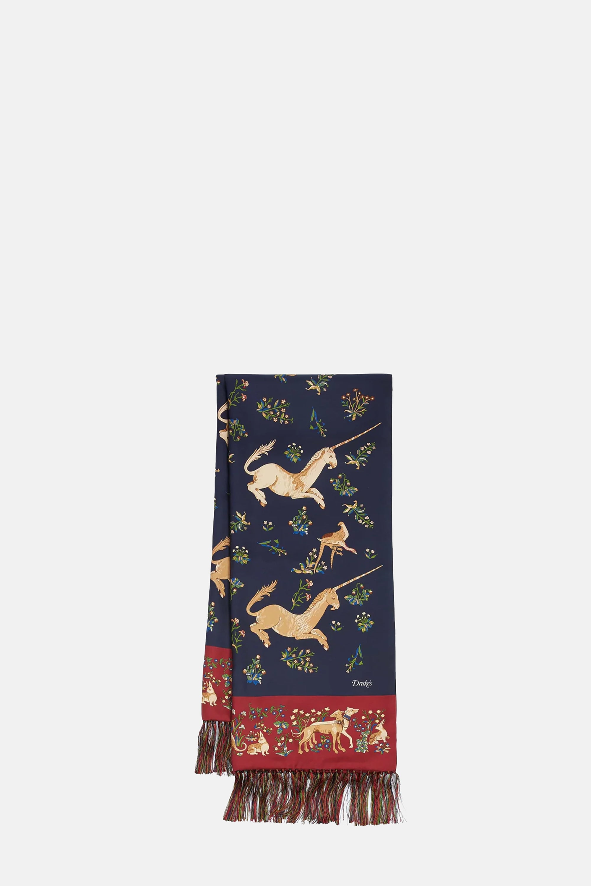 Navy Unicorn Print Tubular Silk Tasselled Scarf