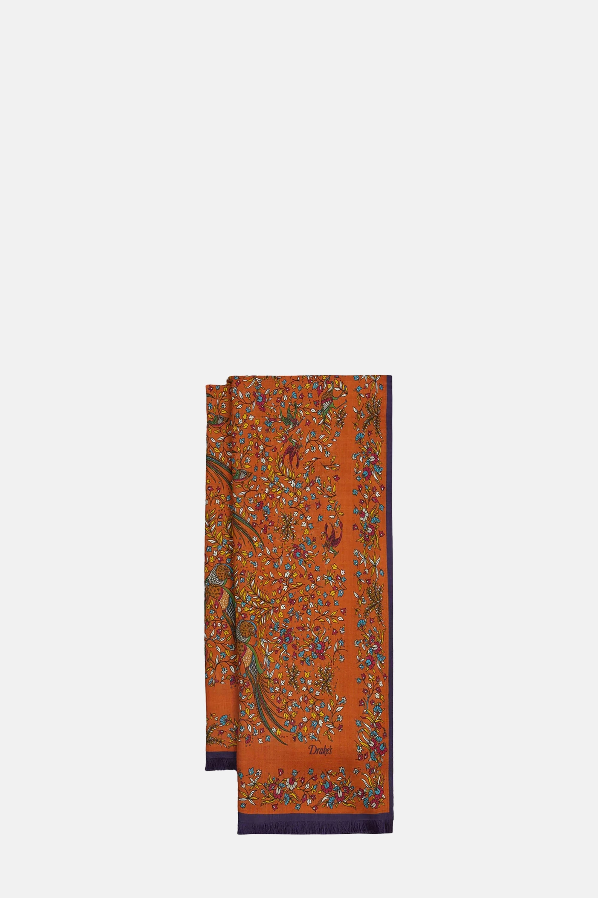 Orange Birds of Paradise Print Tubular Wool Silk Scarf