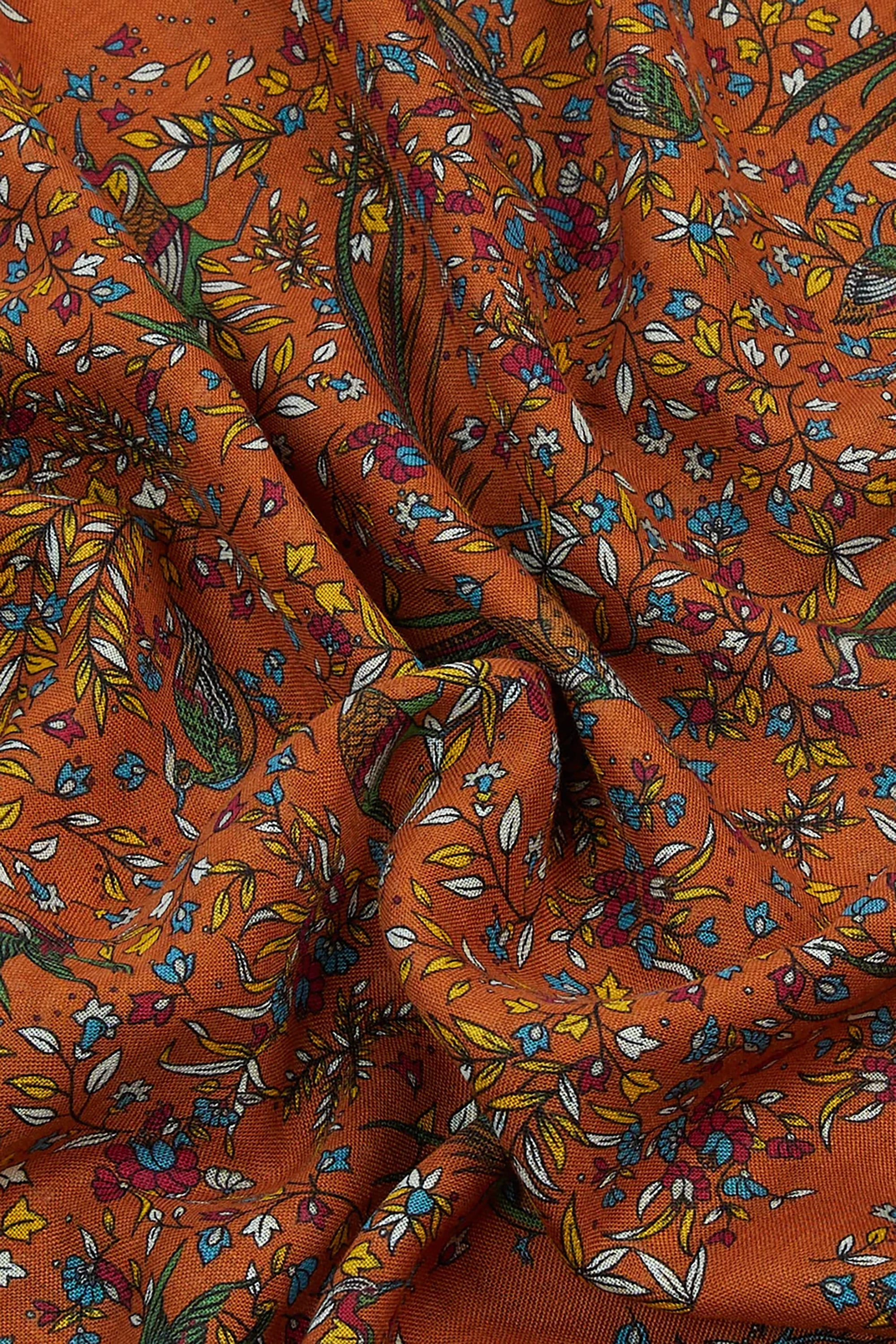 Orange Birds of Paradise Print Tubular Wool Silk Scarf