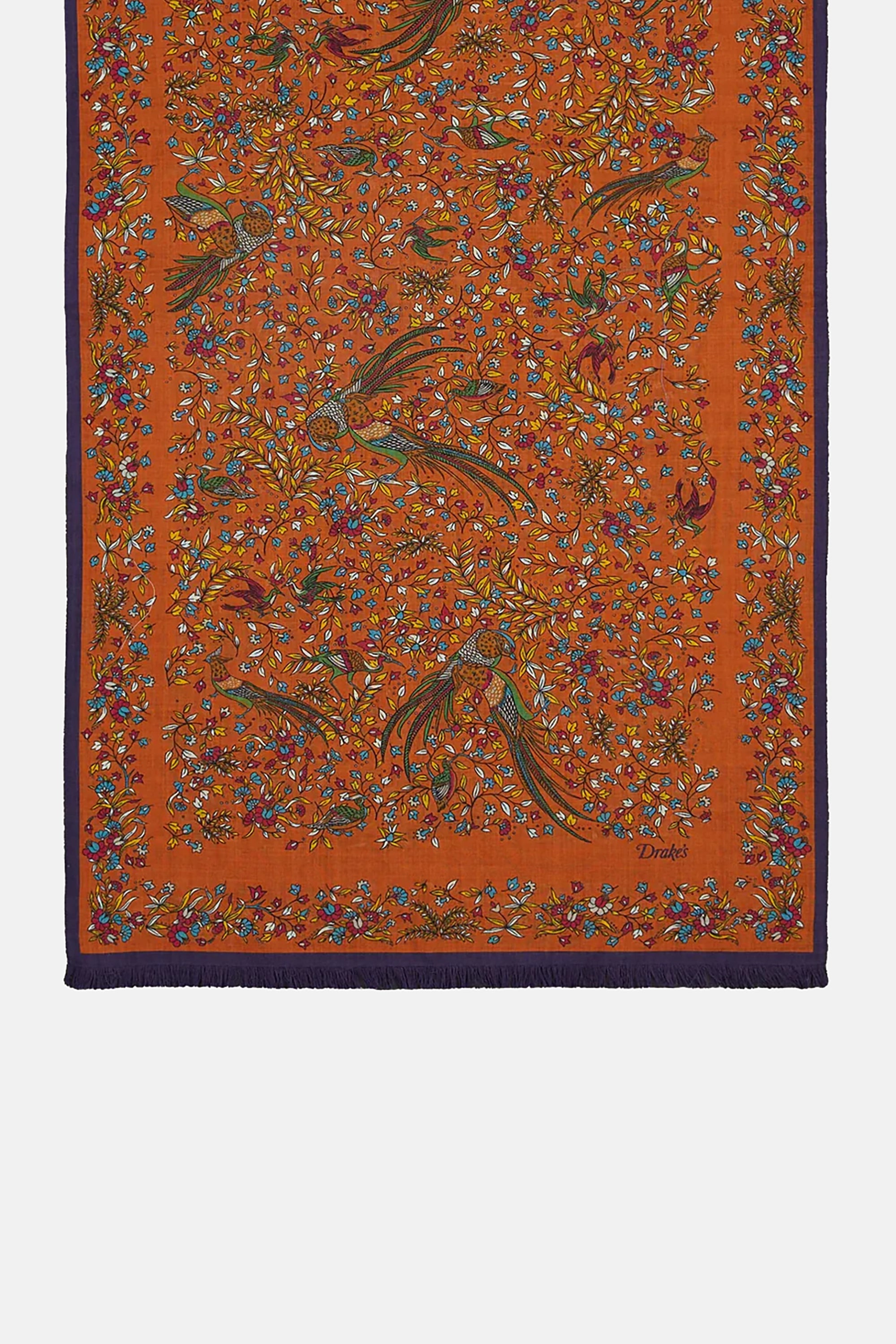 Orange Birds of Paradise Print Tubular Wool Silk Scarf