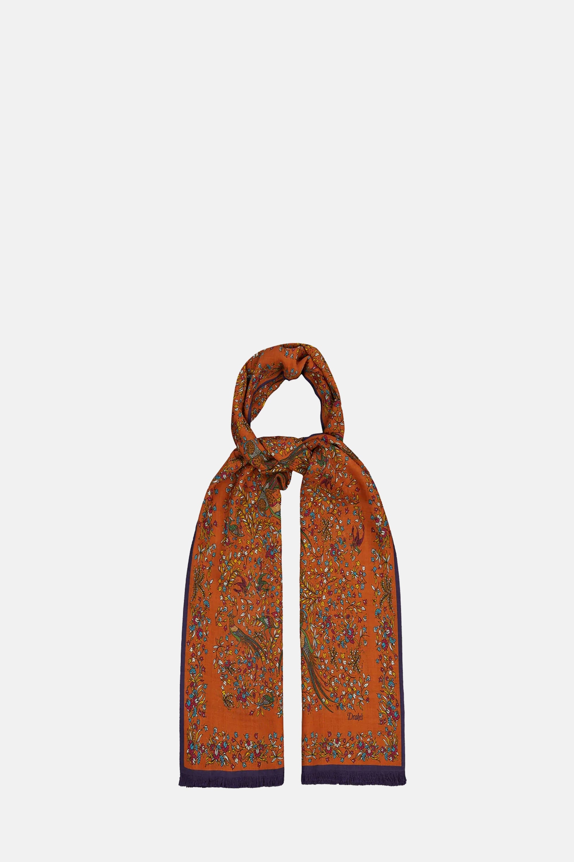 Orange Birds of Paradise Print Tubular Wool Silk Scarf