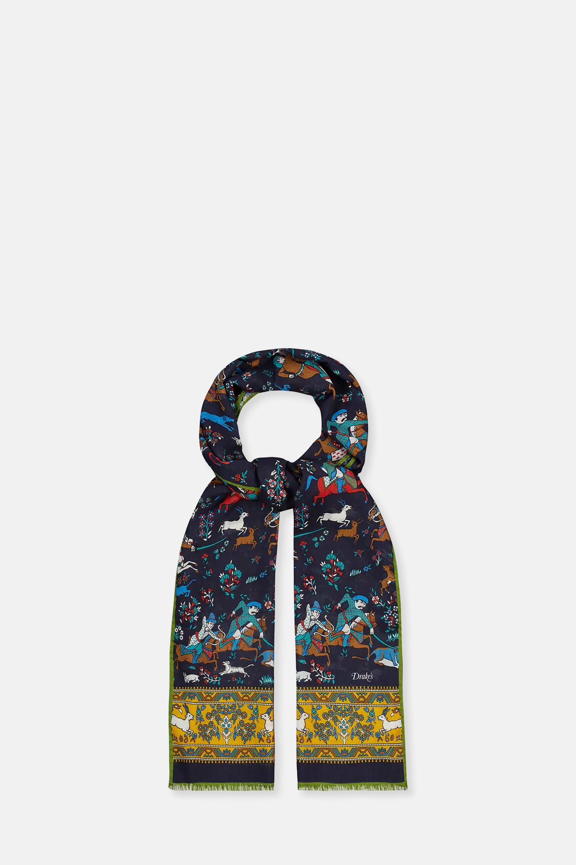 Navy Mughal Archer Print Wool Silk Scarf