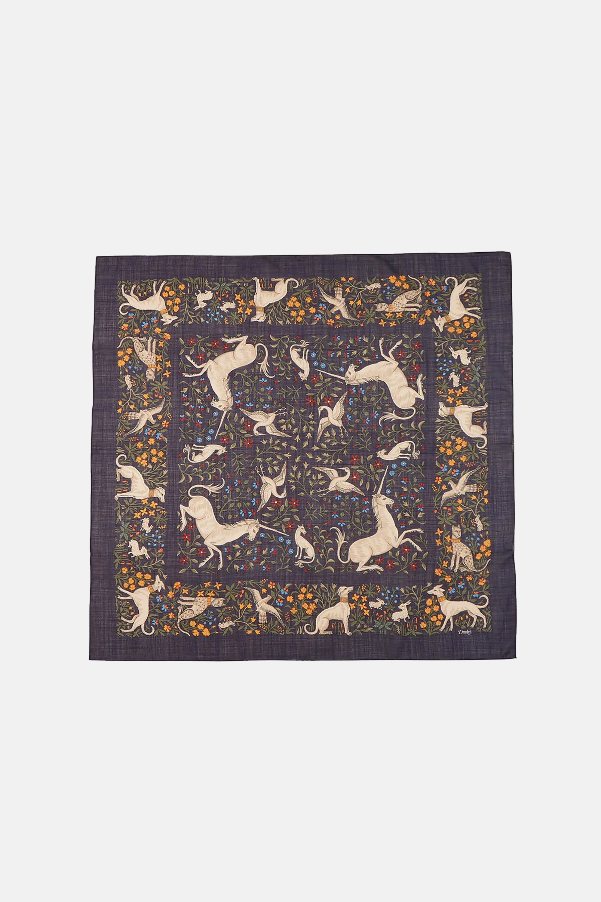Navy Unicorn Print Wool-Silk Square Scarf