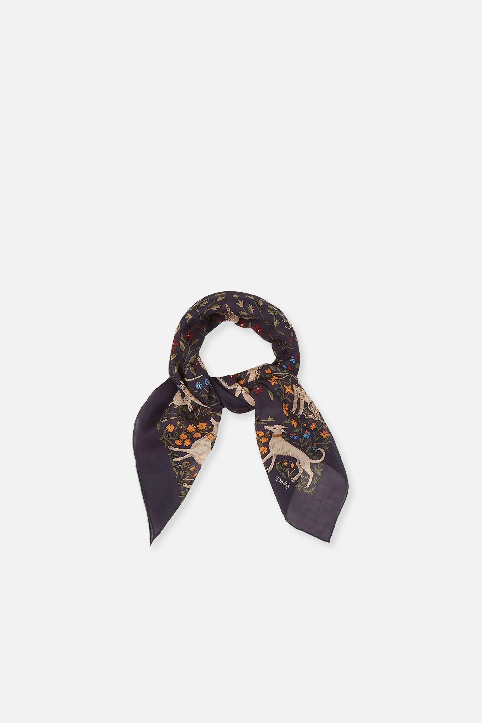 Navy Unicorn Print Wool-Silk Square Scarf