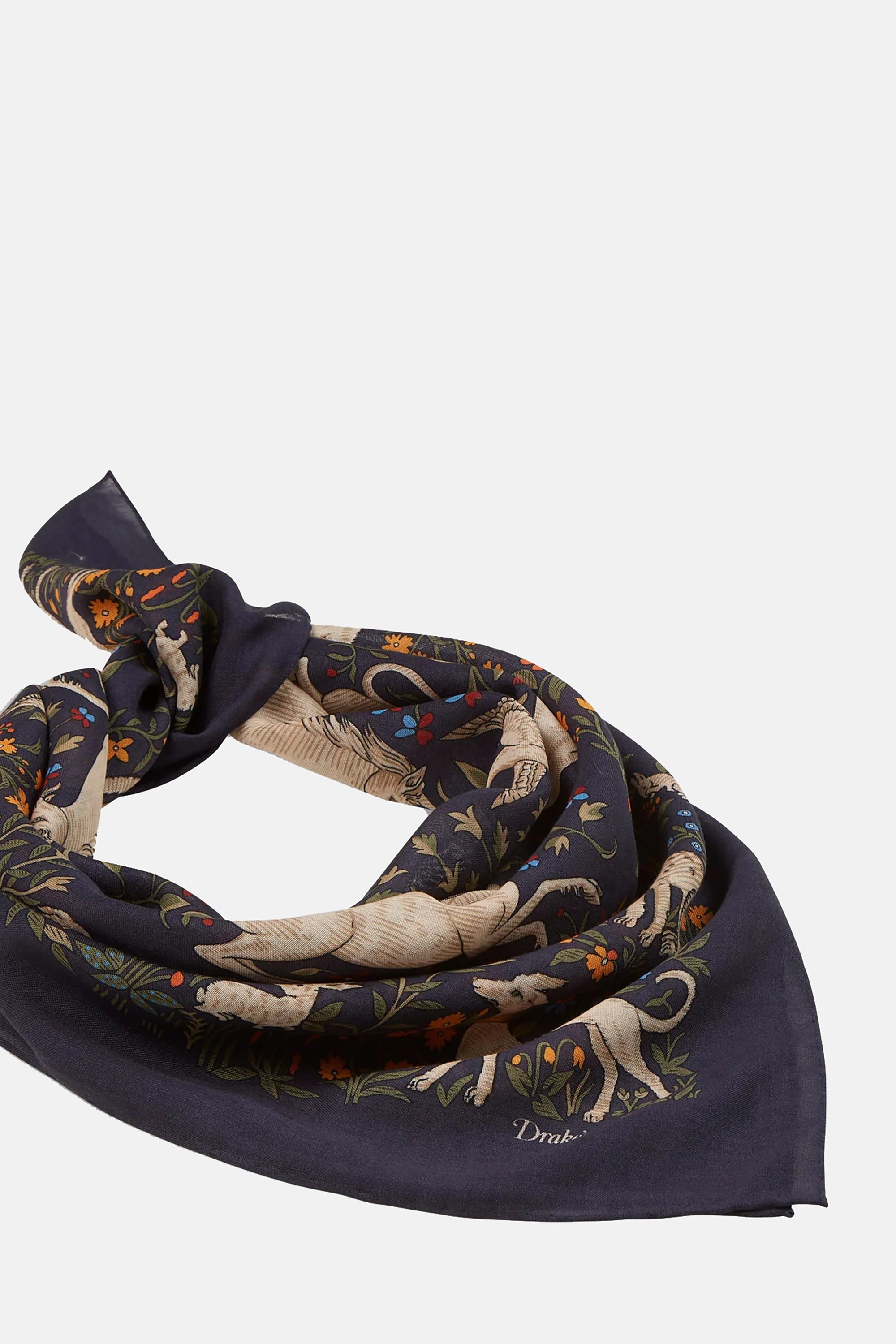 Navy Unicorn Print Wool-Silk Square Scarf