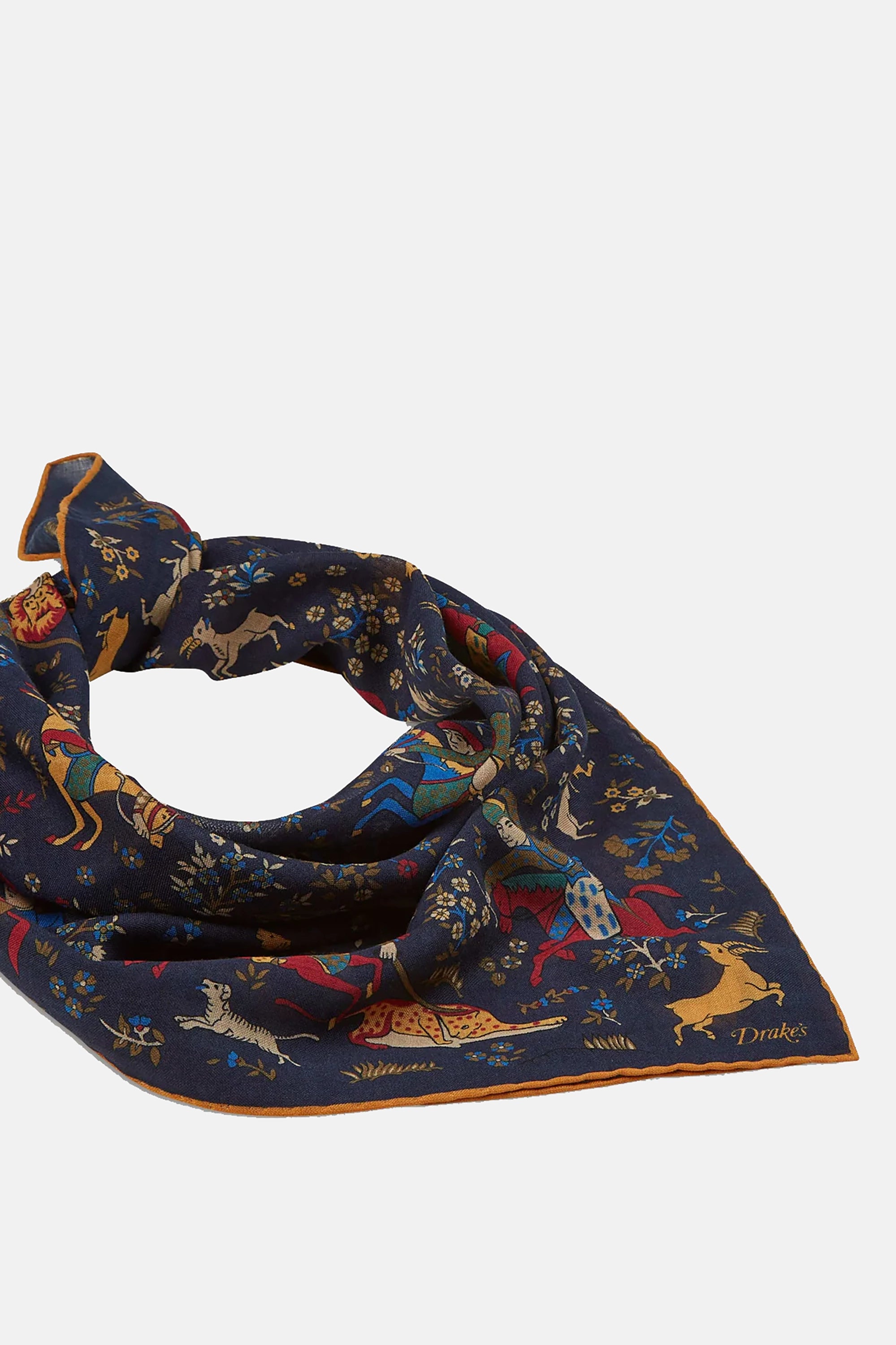 Navy Mughal Print Wool-Silk Square Scarf