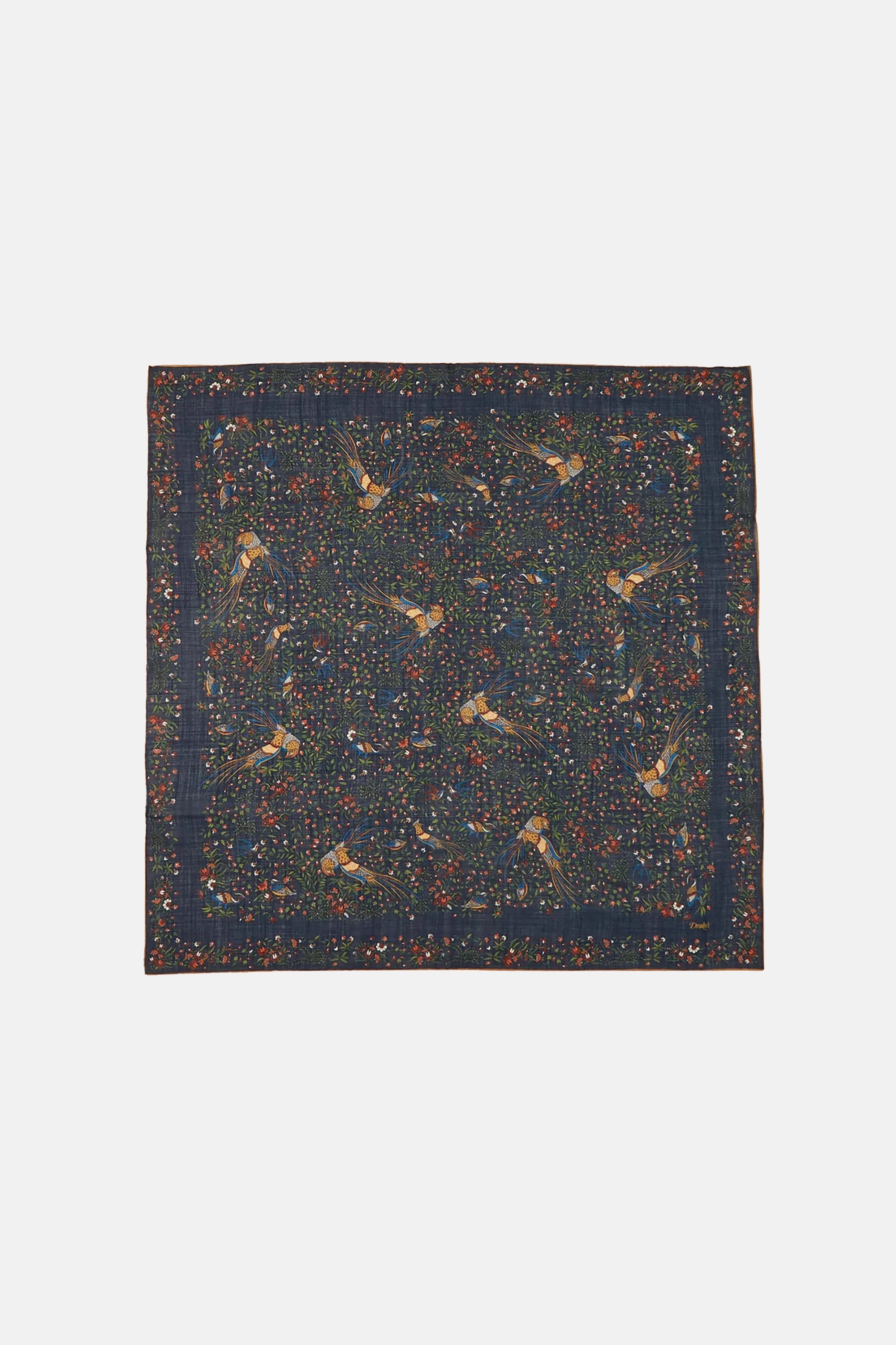 Navy Birds of Paradise Print Wool-Silk Square Scarf