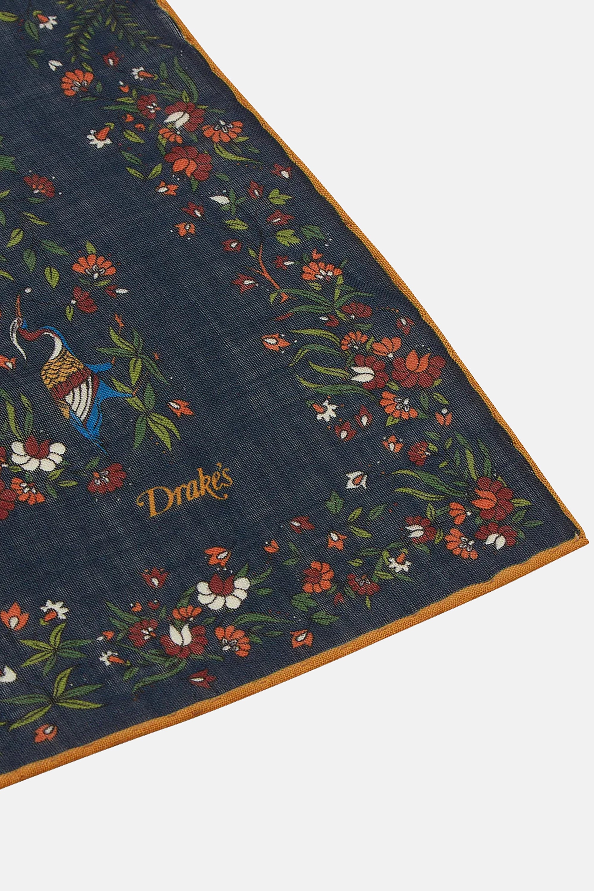 Navy Birds of Paradise Print Wool-Silk Square Scarf