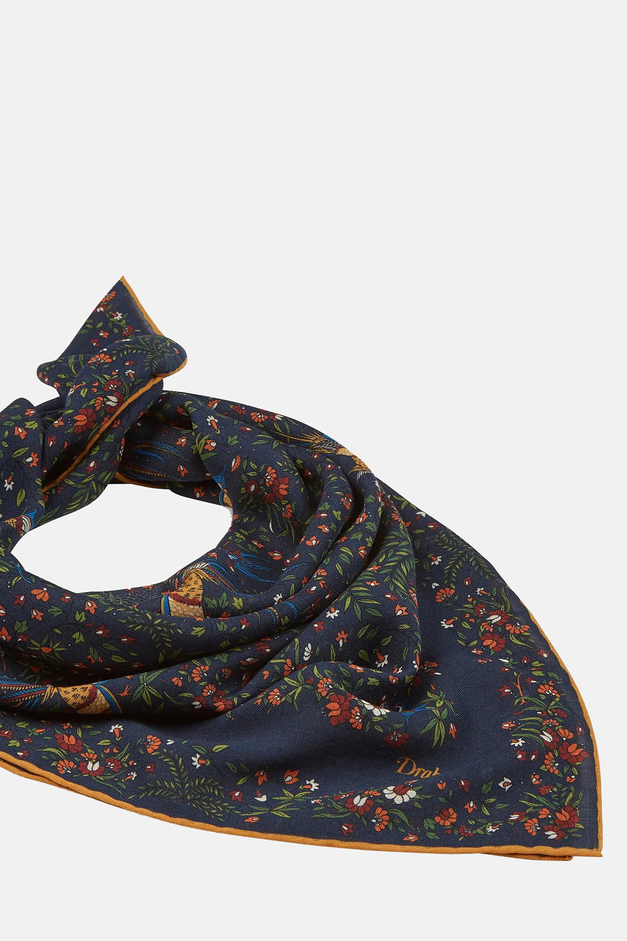 Navy Birds of Paradise Print Wool-Silk Square Scarf