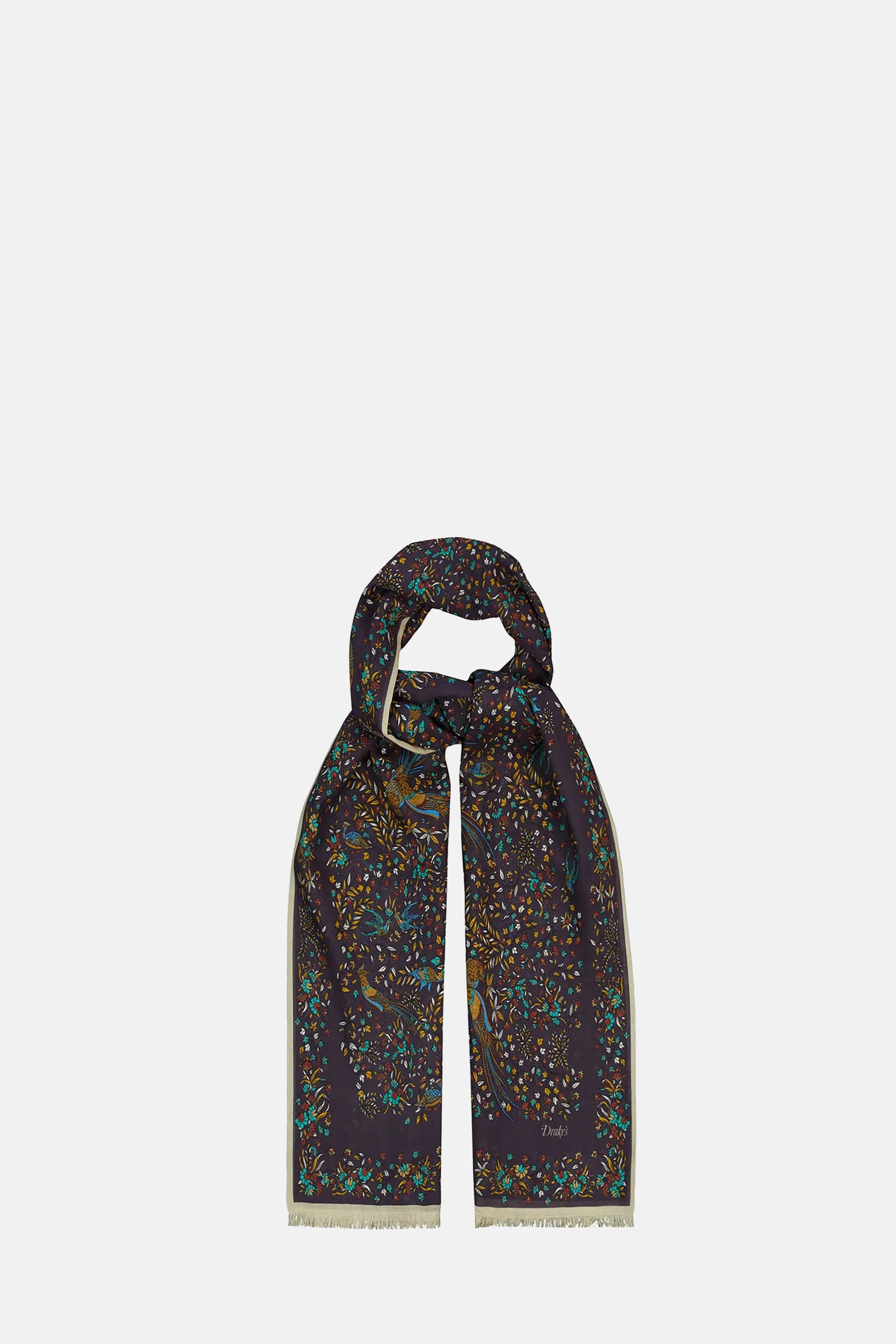 Purple Birds of Paradise Print Tubular Wool Silk Scarf