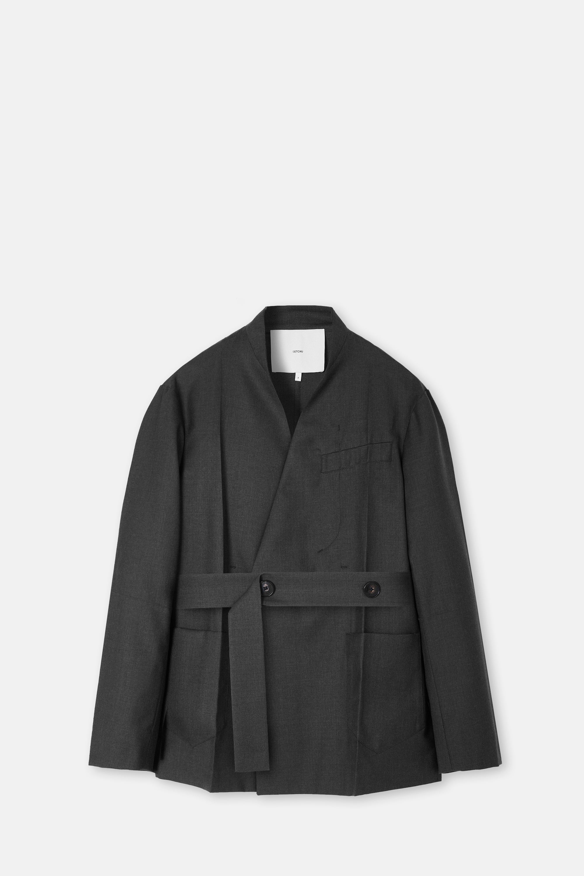 Grey Gabardine No Lapel Origami Jacket